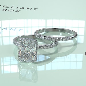 Anel de diamante cultivado em laboratório com corte radiante de 3 CT, anel de noivado com corte radiante, anel de casamento com pavê e halo oculto, anel de diamante cultivado em laboratório, diamante CVD
