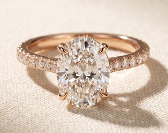2 CT Oval Hidden Halo Lab Grown Diamond Engagement Ring, Milgrain Basket and Pave Band, 14K Rose Gold, IGI Certified Bridal