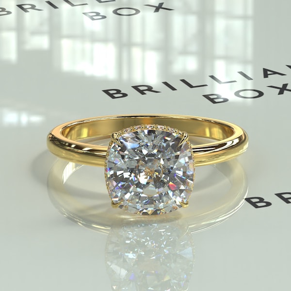 2 Carat Diamond Ring Cushion cut Engagement Ring Lab Diamond Ring Solitaire Engagement Ring Hidden halo proposal Ring Gold Cushion Ring