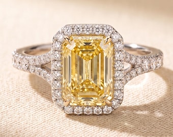 1 to 5 CT Fancy Yellow Emerald Cut Lab Grown Diamond Halo Engagement Ring, Pave Split Shank, 14K White Gold, IGI Certified, Gift for Her