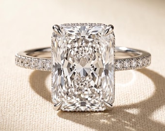3 CT Elongated Radiant Cut Lab Grown Diamond Hidden Halo Engagement Ring, Pave Band, 14K White Gold, IGI Certified Solitaire