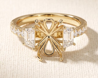 Oval Semi Mount Three Stone Engagement Ring Setting, Trapezoid Side Stones, Pave Band, No Center Stone, 14K Yellow Gold