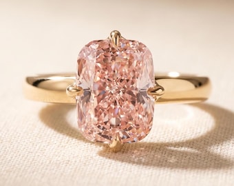1 to 5 CT Fancy Intense Pink Elongated Cushion Lab Grown Diamond Solitaire Engagement Ring, 14K Yellow Gold, IGI Certified, Gift for Her