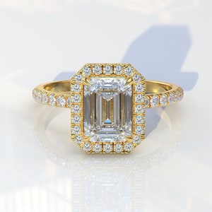 Emerald Cut Halo Moissanite Diamond Ring - 14K Yellow Gold Engagement Ring - Wedding Anniversary Gift Ring For her - Art Deco Women&#39; Ring