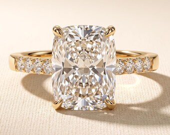 3 CT Elongated Cushion Cut Lab Grown Diamond Engagement Ring, Eight Round Side Stones, 14K Yellow Gold, IGI Certified Proposal Ring