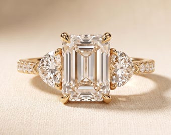 3 CT Emerald Cut Lab Grown Diamond Three Stone Engagement Ring, Heart Side Stones with Pave Band, 14K Yellow Gold, IGI Certified