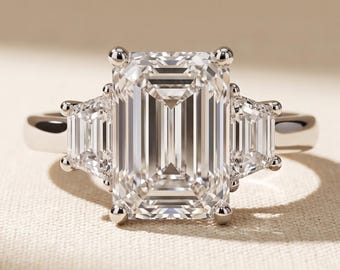 3 CT Emerald Cut Trapezoid Three Stone Lab Grown Diamond Engagement Ring, 14K White Gold, IGI Certified Step Cut Trilogy