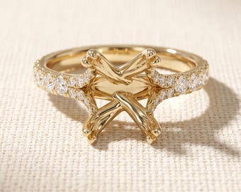 Oval Solitaire Semi Mount Engagement Ring Setting, 4 Prong, Lab Grown Diamond Pave Band, No Center Stone, 14K Yellow Gold