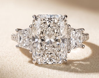 3 CT Radiant Cut Trapezoid Three Stone Lab Grown Diamond Engagement Ring, Milgrain Basket, 14K White Gold, IGI Certified Trilogy