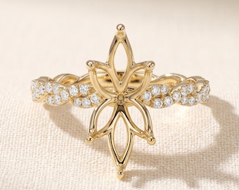 Marquise Semi Mount Ring Setting Without Center Stone, Floral Six Prong Vintage Mounting, Lab Grown Diamond Pave Band, 14K Gold