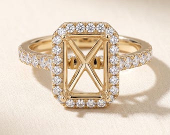 Radiant and Emerald Cut Semi Mount Ring Setting Without Center Stone, Halo Cathedral Pave Band, 14K Yellow Gold, 1 CT Accents