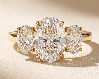 2 CT Oval Three Stone Lab Grown Diamond Engagement Ring, Matching Oval Side Stones, 14K Yellow Gold, IGI Certified Trilogy