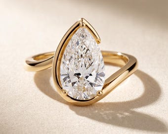3 Carat Pear Cut Lab Grown Diamond Half Bezel Solitaire Engagement Ring, 14K Yellow Gold Bypass Band, IGI Certified E VVS Teardrop Ring
