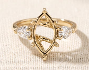 Customizable Marquise Semi Mount Three Stone Engagement Ring Setting, Pear Side Stones, 14K Yellow Gold Mounting, No Center Stone
