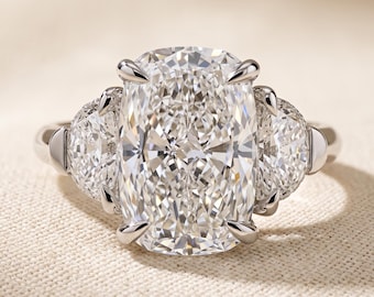 3 CT Elongated Cushion Cut Lab Grown Diamond Engagement Ring, Side Half Moon Three Stone, Hidden Halo, 14K White Gold, IGI Certified