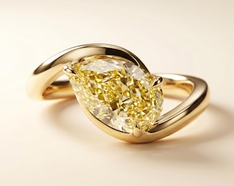 2 Carat Fancy Vivid Yellow Pear Lab Diamond Engagement Ring, East West Bypass Setting 14k Yellow Gold, IGI Certified VS