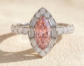 1 Carat Marquise Cut Fancy Pink Lab Grown Diamond Engagement Ring, Pave Setting, IGI Certified, 14k White Gold Anniversary Proposal Gift