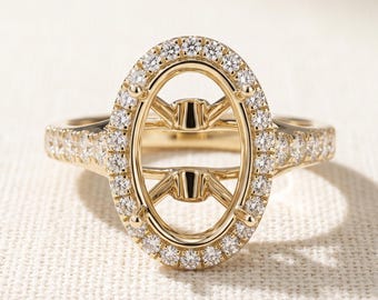 Oval Semi Mount Ring Setting Without Center Stone, Halo and Hidden Halo, Pave Split Shank, 14K Yellow Gold, 1 CT Accents