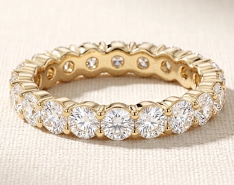 3 MM Round Cut Lab Grown Diamond Full Eternity Band, 1.70-1.90 CTW Shared U Prong, 14K Yellow Gold Anniversary Wedding Ring