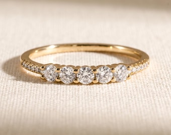 0.80 CT Round Lab Grown Diamond 5 Stone Half Eternity Anniversary Band, 14K Yellow Gold Pave Shank Wedding Band, IGI Certified E VVS 2mm