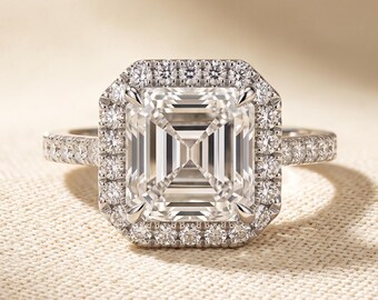 3 CT Asscher Cut Lab Grown Diamond Halo Engagement Ring, Pave Band, 14K White Gold, IGI Certified Step Cut Solitaire