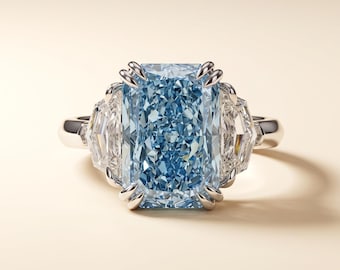 4 CT Fancy Blue Radiant Lab Grown Diamond Three Stone Engagement Ring, Cadillac Side Stones, 14K White Gold, IGI Certified Bridal Gift