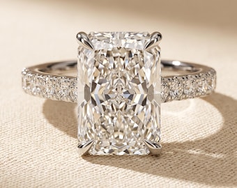 3 CT Elongated Radiant Cut Lab Grown Diamond Hidden Halo Engagement Ring, Crushed Ice Pave Band, 14K White Gold, IGI Certified Proposal