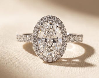 3 Carat Oval Lab Grown Diamond Halo Engagement Ring, 14K White Gold Pave Shank Cathedral Band, IGI Certified E VVS 1-5 CT