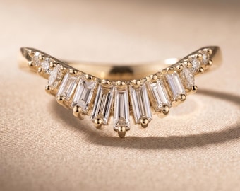 0.65 CT Curved Chevron V Shape Wedding Band, Tapered Baguette Marquise Round Lab Diamond Contour Nesting Ring, 14K Yellow Gold
