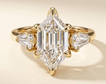 3 Carat F VS Dutch Marquise Step Cut Lab Grown Diamond Three Stone Engagement Ring, Kite Sides, IGI Certified, 14k Yellow Gold Art Deco