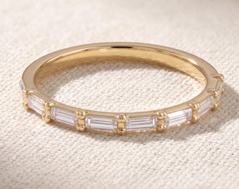 0.25 CT Baguette Cut Lab Grown Diamond Half Eternity Wedding Band, East West Stacking Ring, 1.5mm 14K Yellow Gold, Anniversary Gift