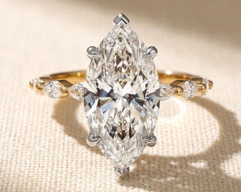 3 CT Marquise Lab Grown Diamond Engagement Ring, Six Marquise Side Stones, Two Tone White and Yellow Gold, IGI Certified Proposal Ring