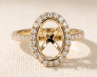 Custom Oval Semi Mount Engagement Ring Setting, Lab Grown Diamond Pave Halo, Solid Gold Mounting No Center Stone, 14K Yellow Gold
