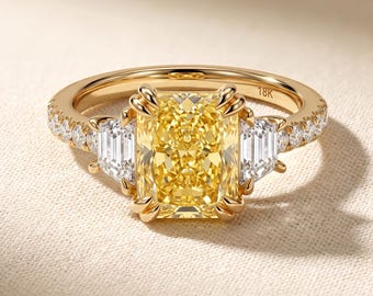 3 Carat Fancy Intense Yellow Radiant Cut Lab Grown Diamond Three Stone Engagement Ring, Trapezoid Sides Pave 14K Yellow Gold IGI 2-5 CT