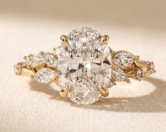 2 CT Oval Lab Grown Diamond Cluster Engagement Ring, Scattered Marquise Side Stones, Nature Inspired 14K Yellow Gold, IGI Certified