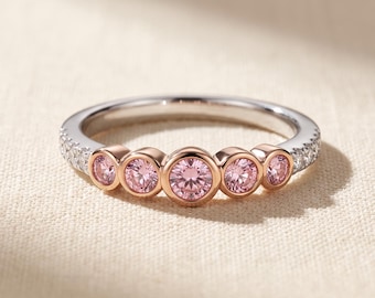 0.80 CT Pink Lab Grown Diamond 5 Stone Bezel Band, Two Tone Rose & White Gold Half Eternity Ring, Graduated Anniversary Wedding Gift