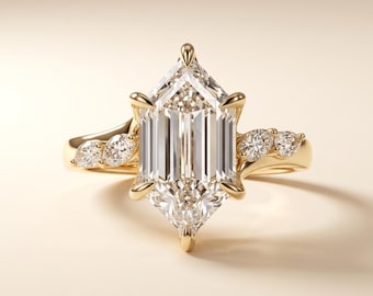2-5 CT Dutch Marquise Cut Lab Grown Diamond Engagement Ring, Elongated Hexagon Yellow Gold Ring, Marquise Accent IGI Certified Bridal Gift