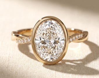 2 CT Oval Lab Grown Diamond Bezel Set Engagement Ring, Hidden Halo Twisted Pave Band, 14K Yellow Gold, IGI Certified Proposal Gift