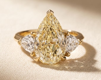 4 CT Fancy Yellow Pear Cut Lab Grown Diamond Three Stone Engagement Ring, Trillion Side Stones, 14K Yellow Gold, IGI Certified