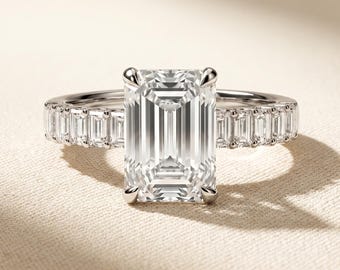 3 Carat Emerald Cut Lab Grown Diamond Engagement Ring with Emerald Cut Accent Band, 14K White Gold, IGI Certified E VVS 3mm Statement Ring