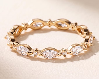 0.60 CT Marquise Cut Lab Grown Diamond Full Eternity Band, Vintage Milgrain Alternating Round, 14K Yellow Gold Art Deco Stacking Ring