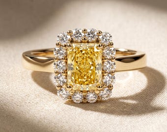 2 Carat Fancy Vivid Yellow Radiant Cut Lab Grown Diamond Halo Engagement Ring, 14K Yellow Gold, IGI Certified Canary Diamond Ring 1-3 CT