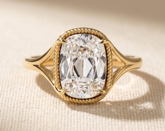 4 CT Old Mine Cushion Cut Lab Grown Diamond Solitaire Engagement Ring, Rope Bezel Split Shank, 14K Yellow Gold, Vintage IGI Certified