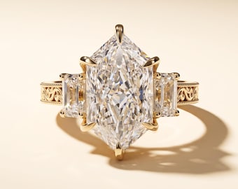 3 CT Dutch Marquise Cut Lab Grown Diamond Three Stone Engagement Ring, Emerald Side Stones, 14K Yellow Gold, Vintage Filigree Band