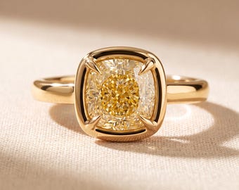 2 Carat Fancy Intense Yellow Cushion Cut Lab Grown Diamond Engagement Ring 14K Yellow Gold Bezel Look 4 Prong Solitaire, IGI Certified VS