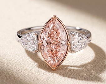 3 Carat Fancy Intense Pink Marquise Lab Grown Diamond Three Stone Engagement Ring 14K Two Tone Shield Sides, IGI Certified 1-5 CT