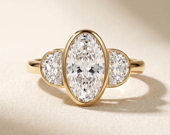 3 Carat Moval Cut Lab Grown Diamond Three Stone Engagement Ring with Half Moon Sides, 14K Yellow Gold Bezel Set, IGI Certified F VS 1-5 CT