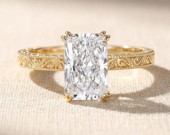 Radiant Cut Lab Diamond Solitaire Engagement Ring, 4 Prong Art Deco Vintage 14k Yellow Gold E VVS IGI Certified, 1 to 5 Carat Bridal Ring