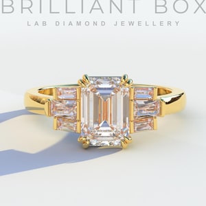 3 Carat Certified Emerald Cut Engagement Ring - Multi Stone Tepper Baguette Diamond Ring For Women - Lab Grown Diamond Engagement Ring