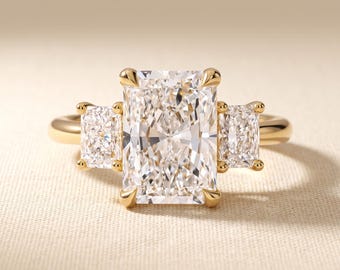 3 CT Radiant Cut Lab Grown Diamond Three Stone Engagement Ring, Radiant Side Stones, 14K Yellow Gold, IGI Certified 1-5 CT